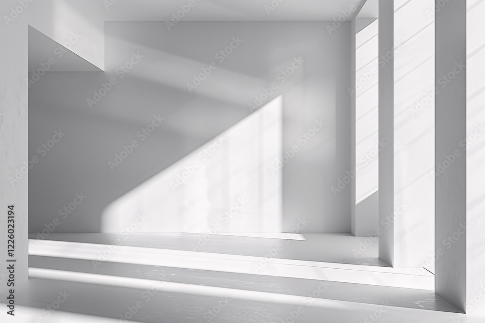 Minimal white empty architectural space with sunlight casting geometric shadows from large windows Minimal white empty architectural space with sunlight casting geometric shadows from large windows