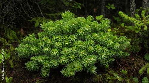 Vibrant Green Moss and Needle-like Plants in Forest undergrowth photo