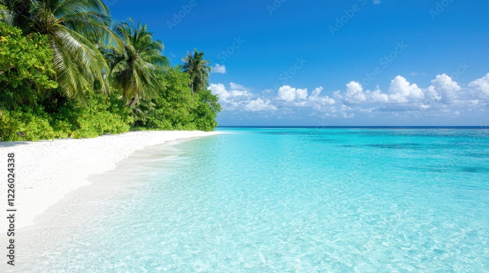 Fototapeta premium Tropical beach paradise Idyllic white sand, turquoise water, palm trees; vacation backdrop