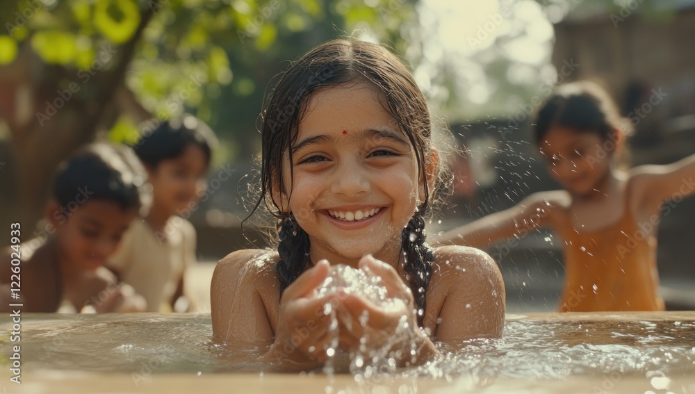 Obraz premium Joyful Splash: A Young Girl's Delightful Bath in Rural India