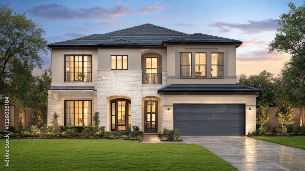 A blue-gray ranch-style house in the modern suburban setting, framed by prairie grassland as the sun sets Leading Lines A blue-gray ranch-style house in the modern suburban setting, framed by prairie grassland as the sun sets Leading Lines