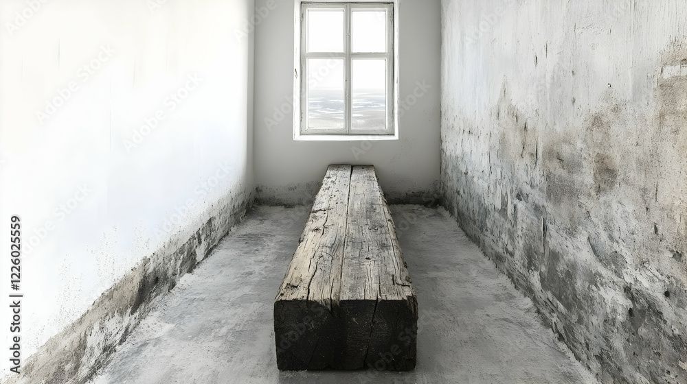 Rustic wooden bench in a dilapidated room, window view, minimalist interior Rustic wooden bench in a dilapidated room, window view, minimalist interior