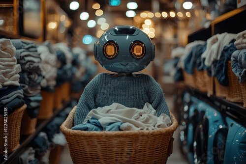 Robot helper carries laundry basket in a cozy laundromat with warm lighting and a welcoming atmosphere