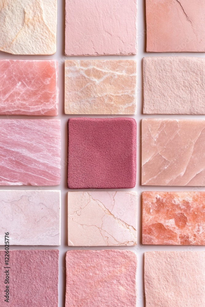 Fototapeta premium Textured collage featuring dusty rose tones with elements of velvet, marble, and paper under warm light for a cohesive aesthetic appeal