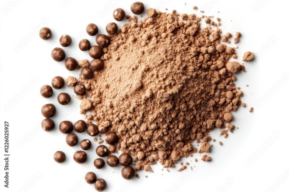Mucuna pruriens powder, natural herbal supplement, white and earthy tones, medicinal concept Mucuna pruriens powder, natural herbal supplement, white and earthy tones, medicinal concept