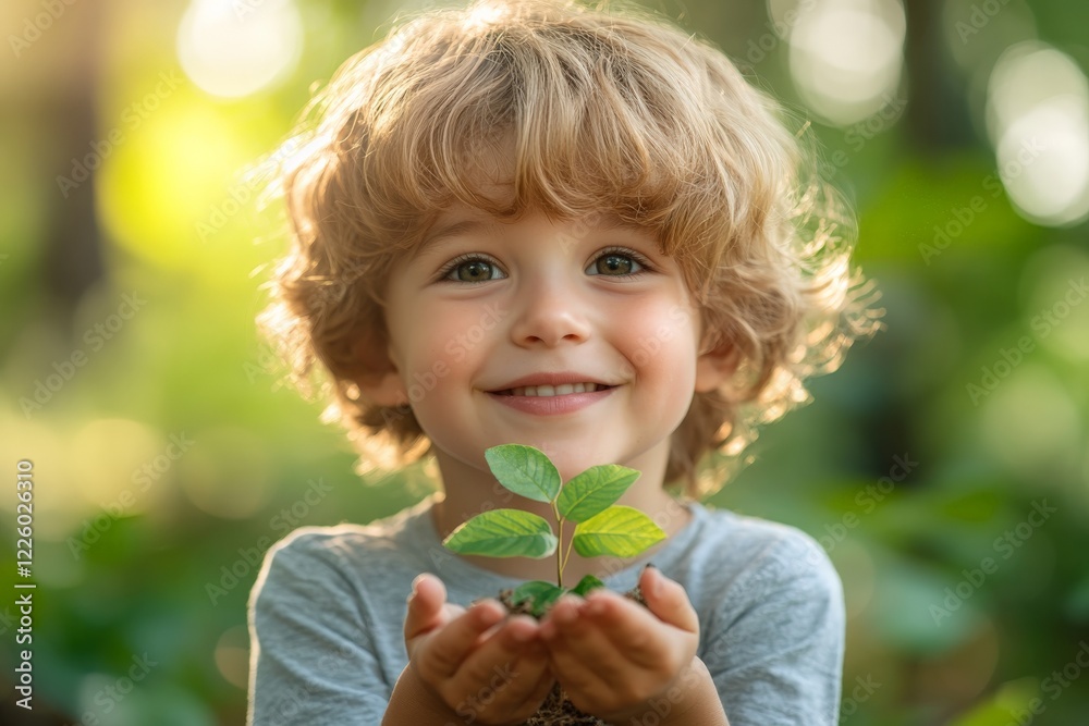 Child holds a small plant, showcasing hope and love for nature in a vibrant green forest Child holds a small plant, showcasing hope and love for nature in a vibrant green forest