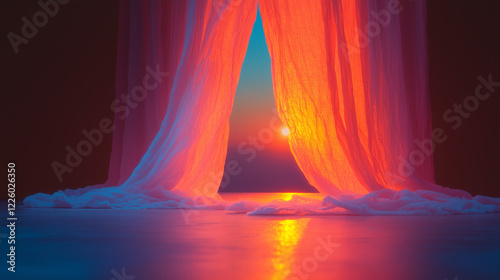 Sheer tulle curtain at sunset exposing the sun. Purple, violet, and red hues. photo