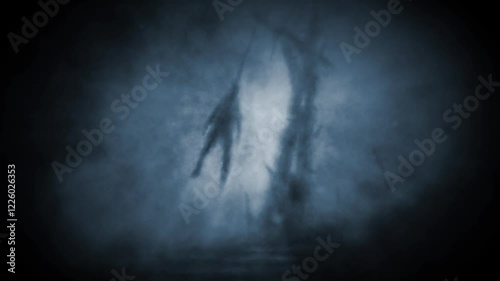 Scary big gallows with dead man hanging from it. Creepy grunge 2D animation. Horror fantasy genre. Gloomy hellish visions. Motion graphics for music clips and VJ loops. 4K animated short video.