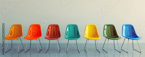 Empty waiting room with seven vibrant chairs in a row