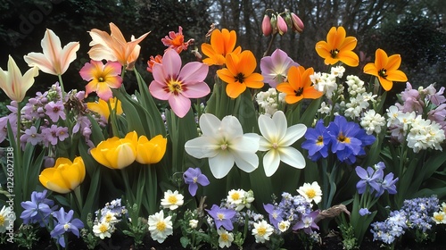 Vibrant Spring Flower Garden, Tulips, Daffodils, and More