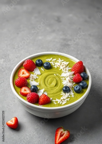 Matcha tea green smoothie bowl with berries and coconut gray background healthy vegan food concept Super Bowl football game sport ball american superbowl photo