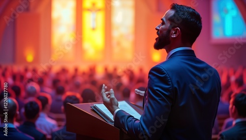 Charismatic pastor delivers passionate sermon in vibrant church setting. Large audience listens attentively. Dynamic speaker engages with audience. Spiritual leader inspires congregation. Religious