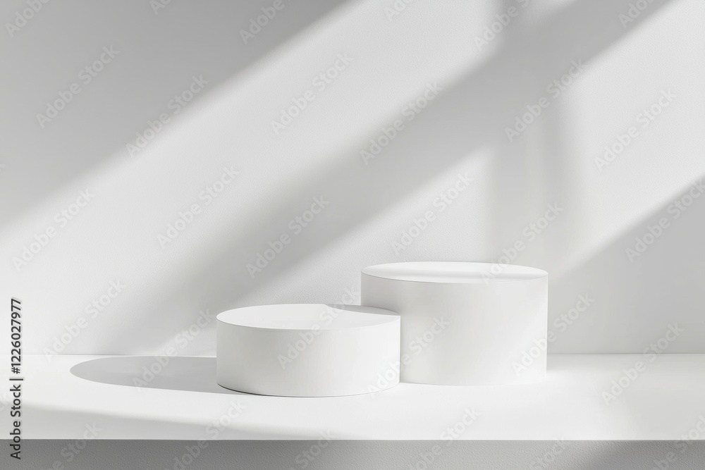 Two white cylindrical podiums of different sizes are displaying products on a white surface with a white wall background and window sunlight creating shadows Two white cylindrical podiums of different sizes are displaying products on a white surface with a white wall background and window sunlight creating shadows