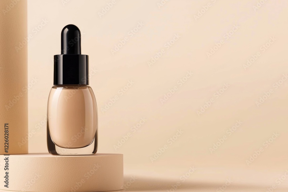 Naklejka premium Glass foundation bottle with dropper rests on a beige podium, showcasing a minimalist cosmetic product presentation with ample space for text or design elements