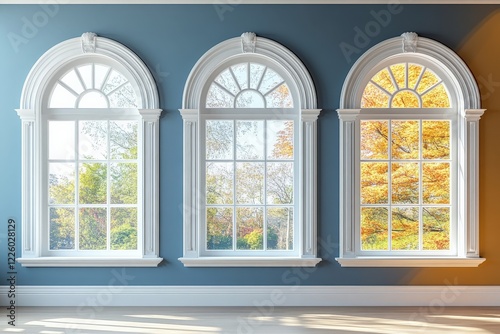 Bright and airy interior showcasing three arched windows with colorful autumn views in a modern room design