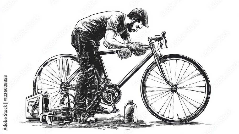 Obraz premium Master of Maintenance: A Bicycle Mechanic Cleaning Road Bikes