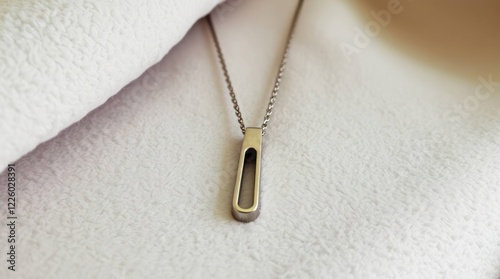 Minimalist jewelry piece featuring a pendant on a textured background