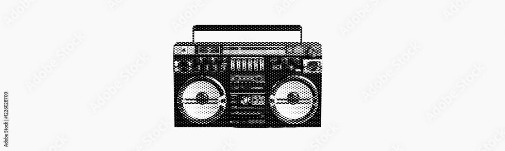 tape recorder boombox radio with antenna isolated on white background retro grunge halftone dotted vintage cut-out collage element for mixed media design sound street urban culture