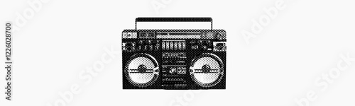 tape recorder boombox radio with antenna isolated on white background retro grunge halftone dotted vintage cut-out collage element for mixed media design sound street urban culture