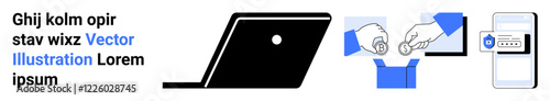 Laptop, hands exchanging coins above a box, secure mobile login. Ideal for payments, e-commerce, finance, technology, security, online shopping digital workflow abstract line flat metaphor