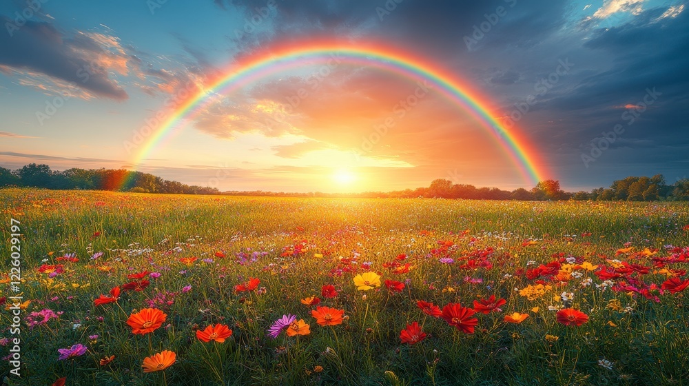 Naklejka premium Vibrant sunset rainbow over wildflowers field
