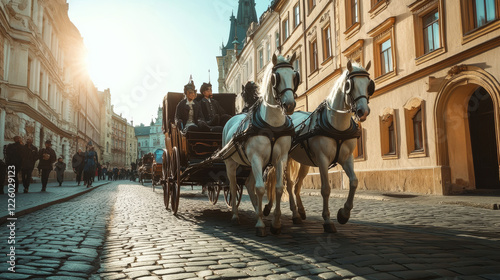 An elegant carriage drawn by horses moves gracefully through a cobblestone street.