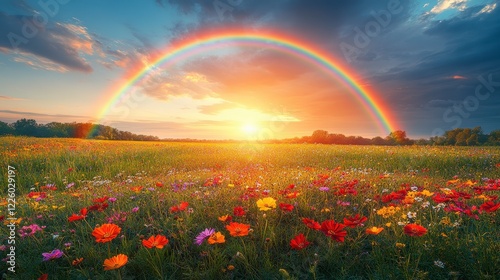 Fototapeta Naklejka Na Ścianę i Meble -  Vibrant sunset rainbow over wildflowers field