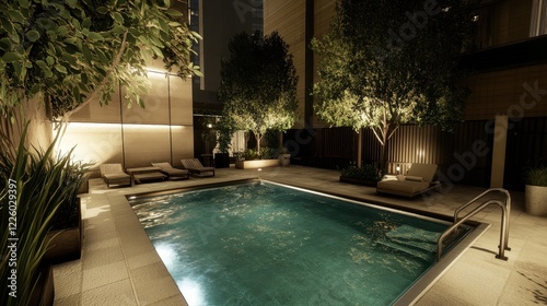 Wallpaper Mural Nighttime Urban Oasis Featuring a Tranquil Pool and Lush Greenery Torontodigital.ca