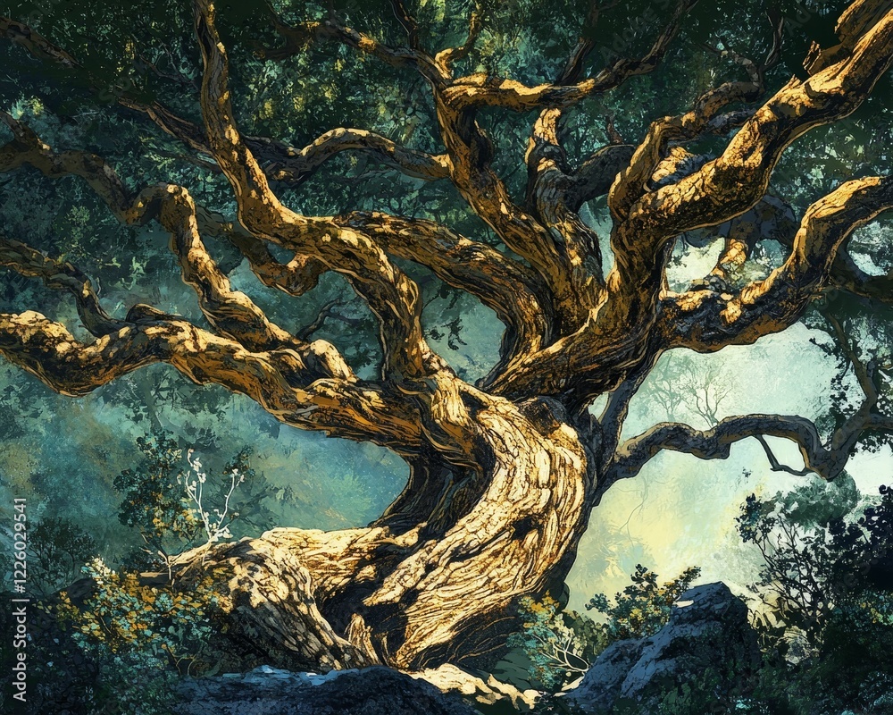 A large, gnarled tree with green foliage shown below.