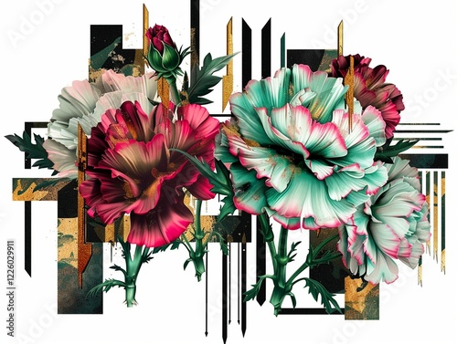 A vibrant digital artwork featuring colorful flowers in red, green, and gold hues, blended with modern geometric shapes, abstract textures, and artistic detailing.
