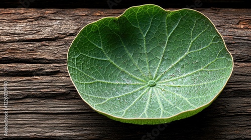 Large green leaf shaped like a bowl on wood photo