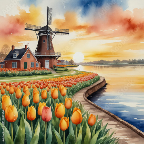 watercolor illustration the Dutch-inspired charm of Holland, with its windmill standing tall among fields of vibrant tulips. 