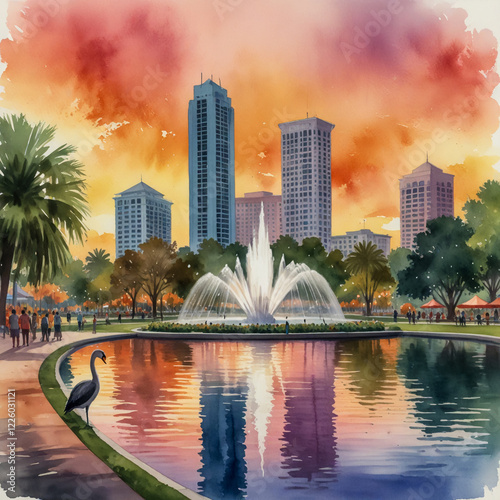 watercolor illustration of Orlando, Florida's Lake Eola Park at sunset. Show the lake with the famous fountain at its center photo