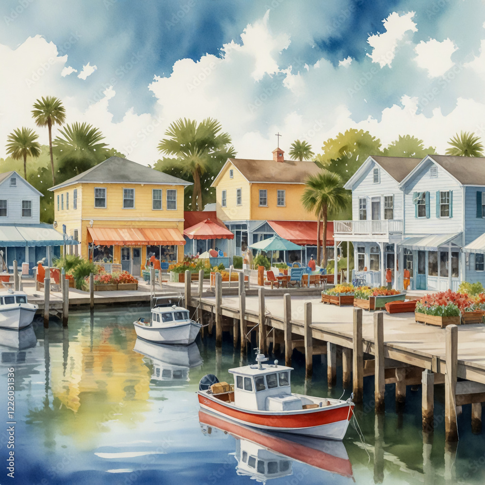 Obraz premium watercolor illustration of Tarpon Springs, Florida, showcasing its historic sponge docks