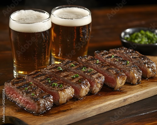 Grilled Steak Slices with Two Glasses of Beer on Wooden Board