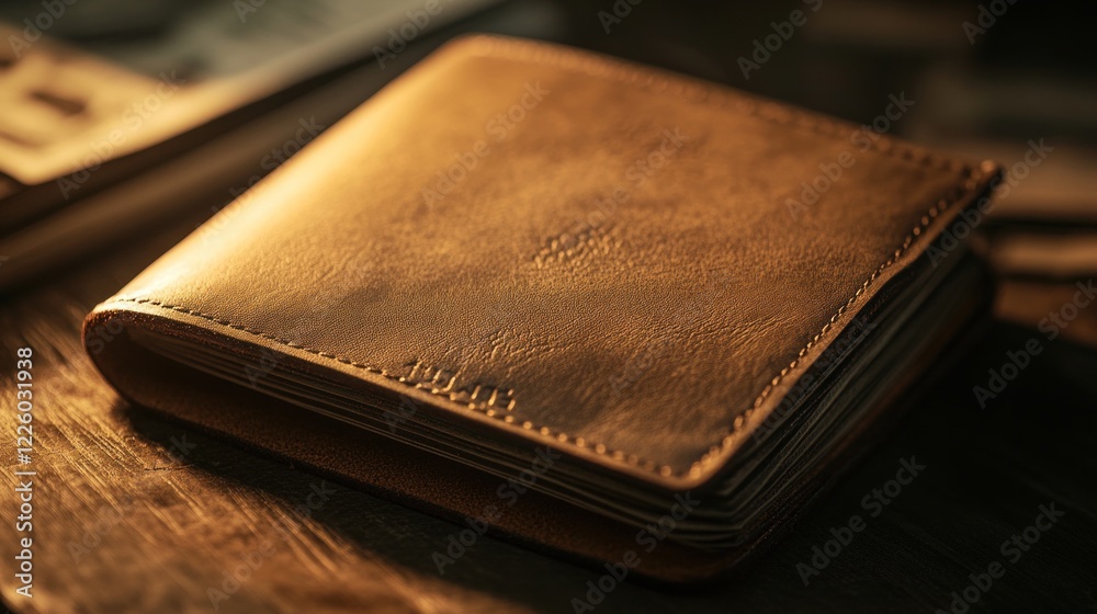 Close-up of a Leather Bound Wallet on a Wooden Surface in Warm Light