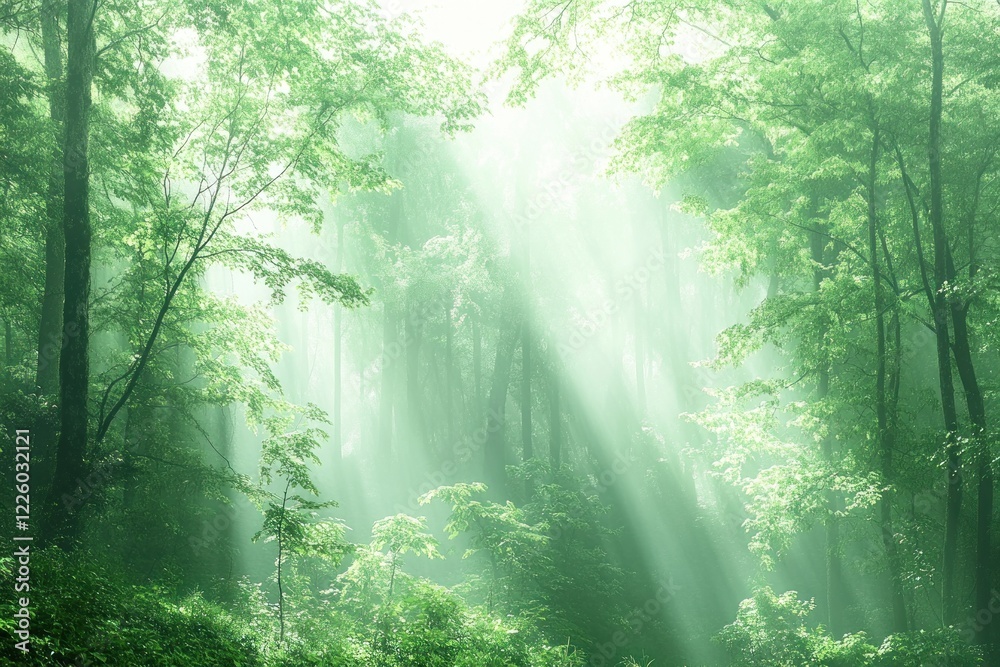 Obraz premium Sunbeams in misty green forest, nature scene, peaceful background, ideal for relaxation