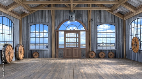 Rustic Wooden Room With Ocean View And Large Windows