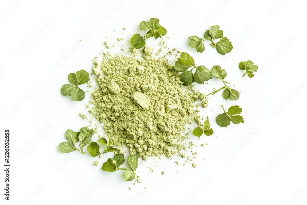 Tribulus fruit powder, macro, white and earthy tones, nutritional supplement concept Tribulus fruit powder, macro, white and earthy tones, nutritional supplement concept