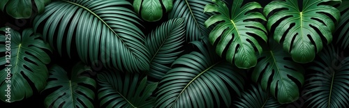 Dark green tropical leaves create panorama background. Monstera, palm, coconut, fern, banana leaves displayed in nature-inspired design. Abstract photo of green leaves great for various uses. Dark