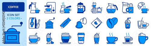 Icons in two colors about coffee
