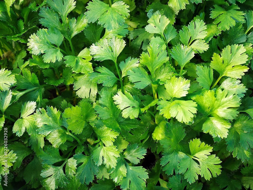 Top view of Fresh growing green Coriander (Cilantro) leaves in Vegetable plot background.
