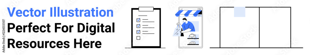Checklist on clipboard, storefront on mobile device, and grid layout. Ideal for digital marketing, e-commerce, project management, task organization, mobile apps, web design flat landing page banner Checklist on clipboard, storefront on mobile device, and grid layout. Ideal for digital marketing, e-commerce, project management, task organization, mobile apps, web design flat landing page banner