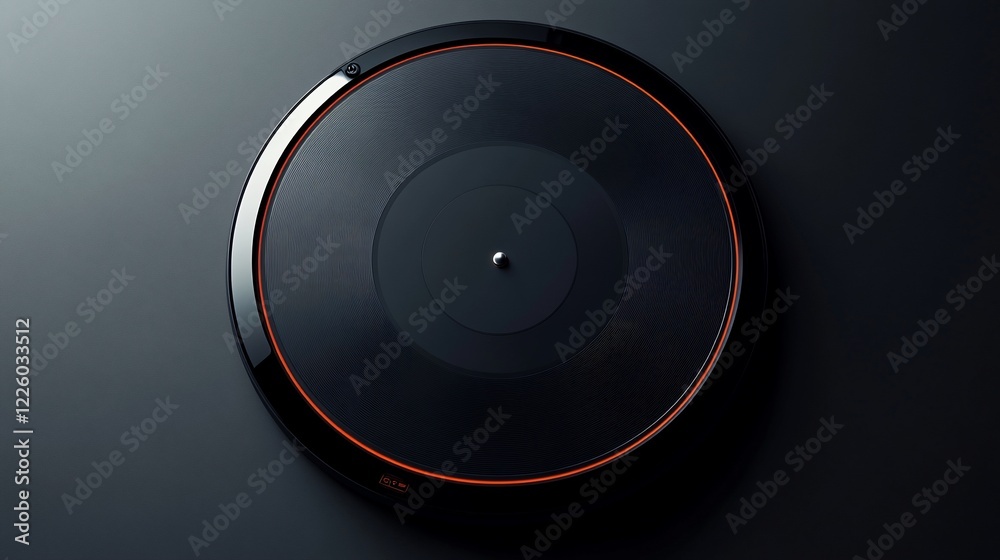 A sleek black vinyl record with a glowing orange border on a dark background A sleek black vinyl record with a glowing orange border on a dark background