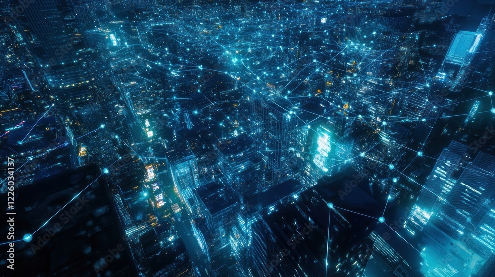 Fototapeta premium Digital Connectivity: An Overhead View of a City with Glowing Network Connections
