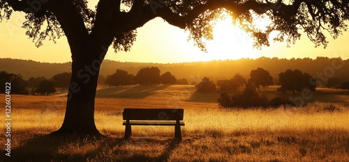 Fototapeta Naklejka Na Ścianę i Meble -  Sunset park bench under oak tree, peaceful field