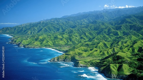 "Stunning Aerial View of Lush Green Maui Hills and Coastline with Clear Blue Ocean, Maui - Discover the Vibrant Natural Beauty and Tranquil Hawaiian Landscapes"