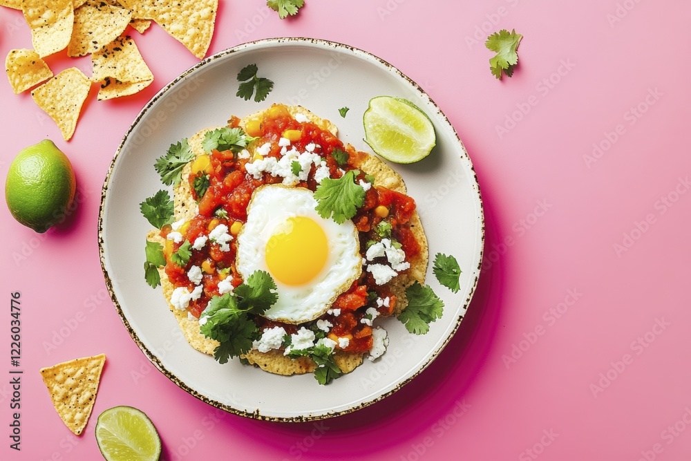 Vibrant mexican breakfast: huevos rancheros with corn chips and lime on pink background Vibrant mexican breakfast: huevos rancheros with corn chips and lime on pink background