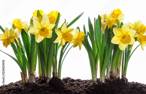 easter yellow daffodils growing from soil isolated