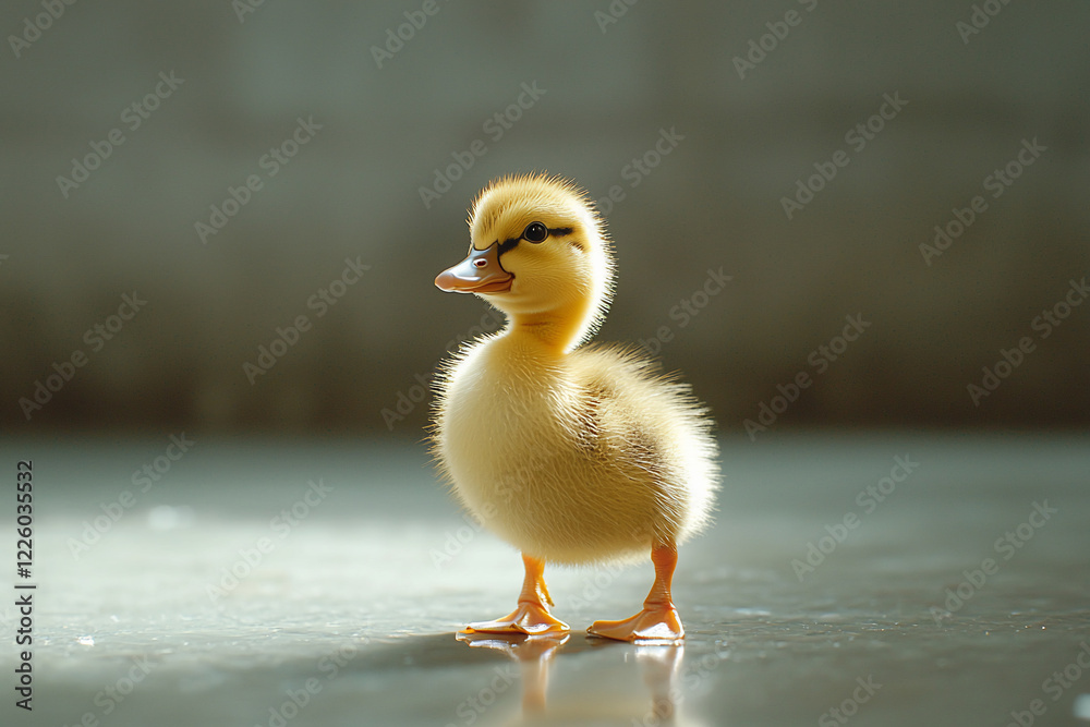 Cute duckling standing on a shiny surface, illuminated by soft light, with a blurred background Cute duckling standing on a shiny surface, illuminated by soft light, with a blurred background